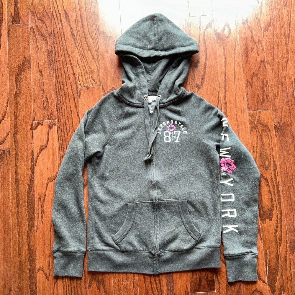 Aeropostale Womens Gray Floral Full Zip Hoodie New York 87 Sweatshirt XS 2966